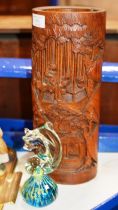 CHINESE CARVED BAMBOO BRUSH HOLDER & GLASS PAPERWEIGHT