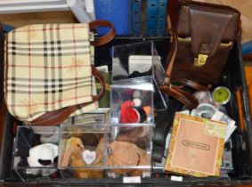 BOX WITH VARIOUS BOXED SOFT TOYS, CIGAR BOX, CAMERA ACCESSORIES, GLASS PAPERWEIGHT ETC