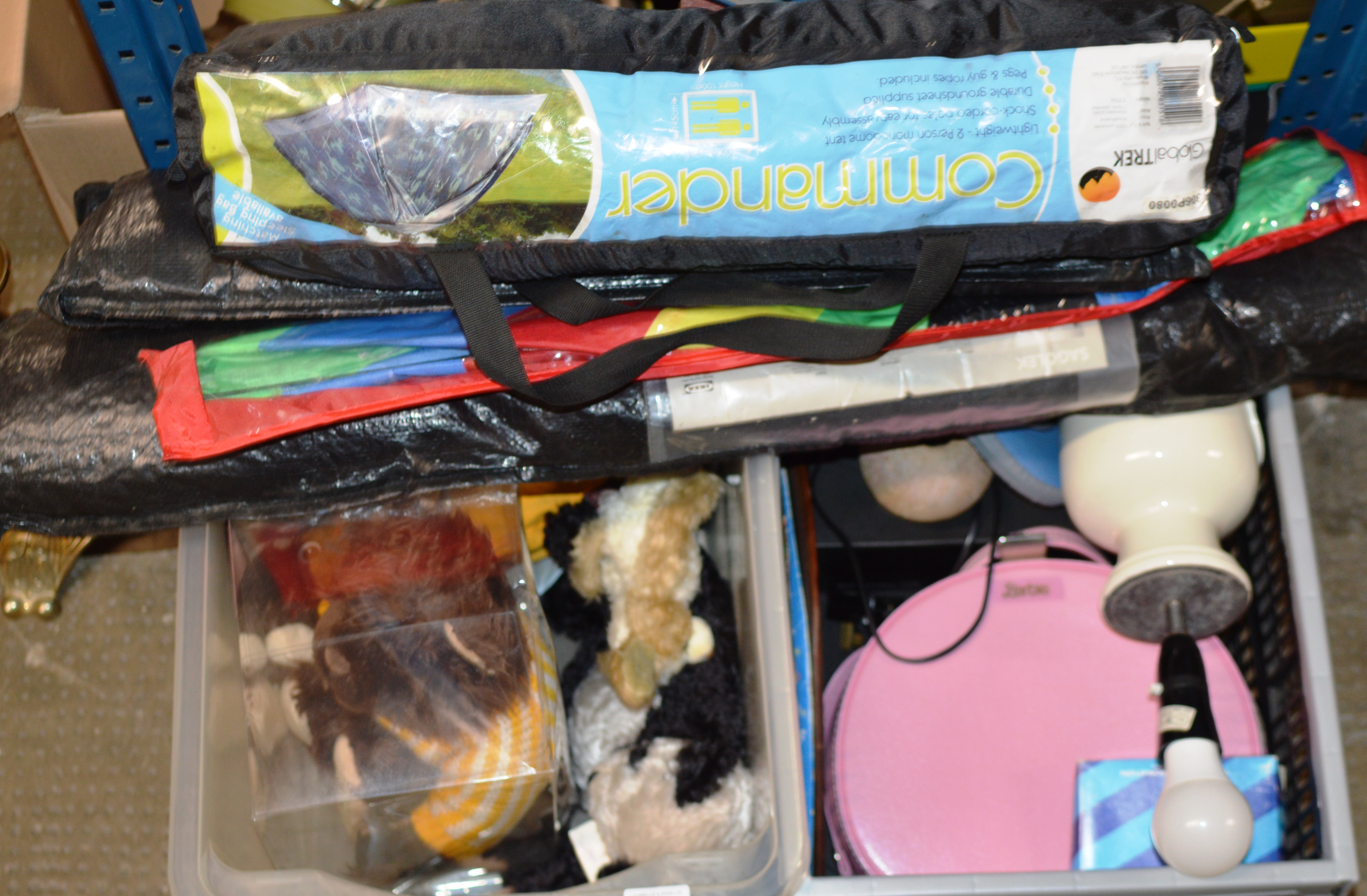 VARIOUS CAMPING ACCESSORIES & 2 BOXES WITH TABLE LAMP, VARIOUS SOFT TOYS, SUNDRIES ETC