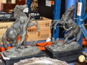 PAIR OF SPELTER HORSE DISPLAYS ON STANDS