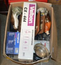 BOX CONTAINING BIRD DECANTERS, EPERGNE STAND, VARIOUS VINTAGE CAMERAS ETC