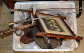 BOX WITH FENCING SWORDS, BAYONET, OLD HELMET ETC