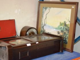 MAHOGANY CASED WALL CLOCK, OAK CASED MANTLE CLOCK & FRAMED PICTURE - BOTHWELL CASTLE