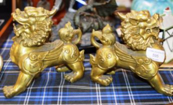PAIR OF LARGE CHINESE HEAVY GILT METAL GUARDIAN LION / DOG DISPLAYS