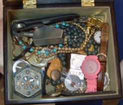 BOX CONTAINING ASSORTED COSTUME JEWELLERY, WRIST WATCHES, CIGARETTE LIGHTER ETC