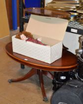 REPRODUCTION MAHOGANY OVAL COFFEE TABLE, PORCELAIN DOLL IN BOX & MAHOGANY OCCASIONAL TABLE