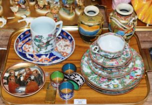 TRAY WITH VARIOUS CHINESE FAMILLE ROSE DISHES, CLOISONNE STYLE NAPKIN RINGS, JAPANESE SATSUMA