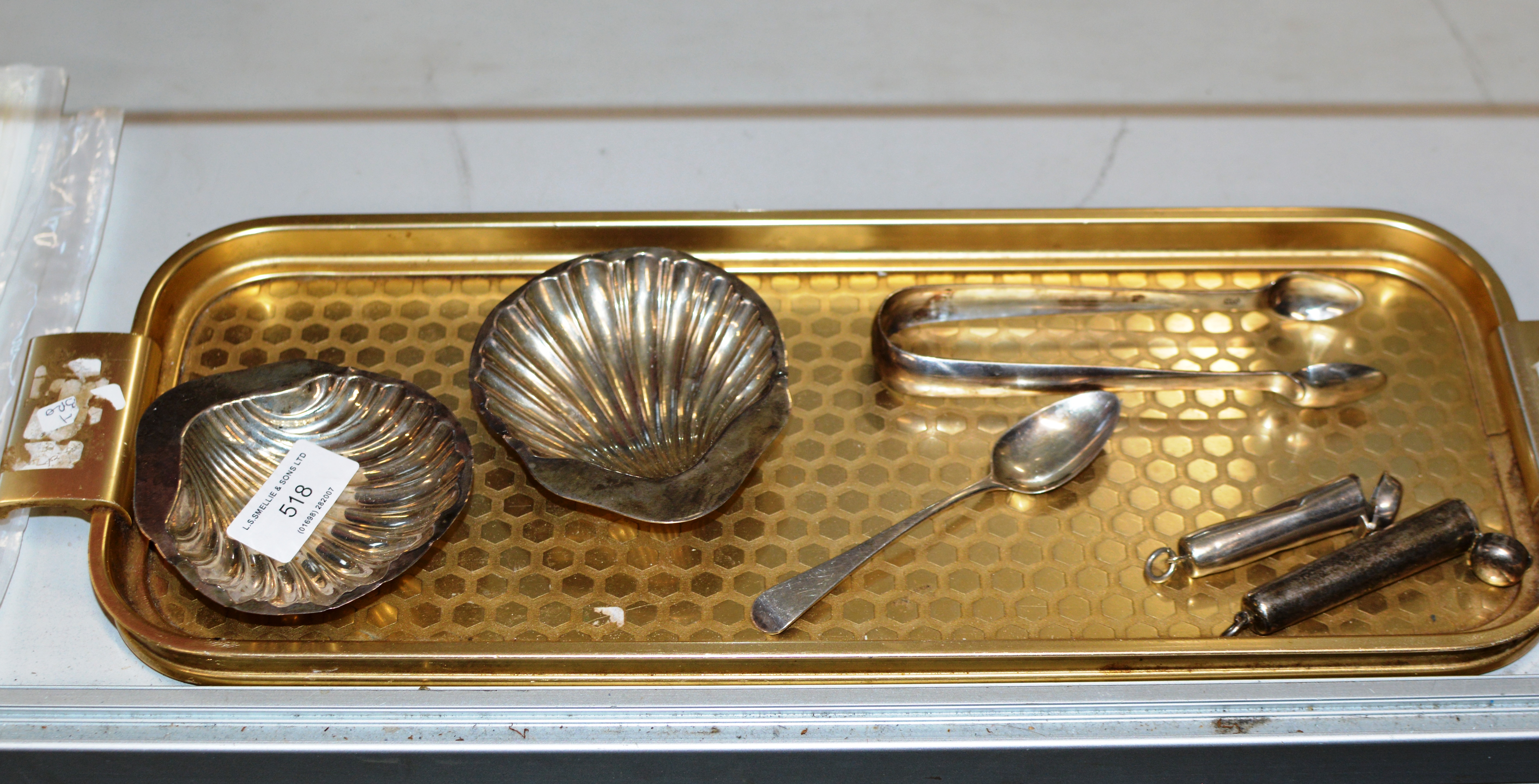 PAIR OF BIRMINGHAM SILVER SHELL DISHES, PAIR OF OLD SCOTTISH SILVER SUGAR TONGS, LONDON SILVER