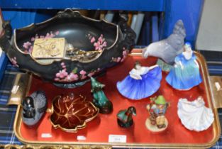 TRAY WITH CARLTON WARE BASKET, CARLTON LEAF DISHES, ROYAL DOULTON FIGURINE ORNAMENTS, COPENHAGEN