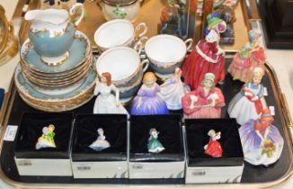 TRAY WITH VARIOUS MINIATURE DOULTON FIGURINE ORNAMENTS, QUANTITY TUSCAN TEA WARE ETC