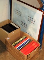 2 BOXES WITH VARIOUS ALBUMS OF STAMPS & FRAMED STAMP DISPLAY