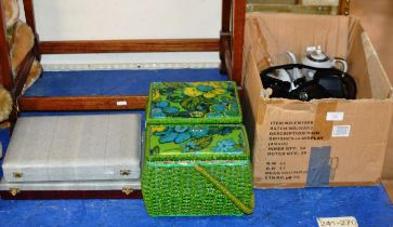 BOX CONTAINING VARIOUS CAMERAS, CUTLERY, ORIENTAL STYLE TEA WARE ETC