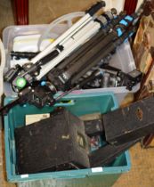 2 BOXES WITH QUANTITY CAMERA ACCESSORIES, TRIPOD STANDS, OLD ENLARGER ETC