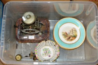BOX CONTAINING OLD SKELETON CLOCK, MEISSEN STYLE BOWL & 3 HAND PAINTED PLATES