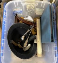 BOX WITH MILITARY STYLE HELMET, MAUCHLINE WARE, SOUVENIR SPOONS, FISHING KNIFE ETC