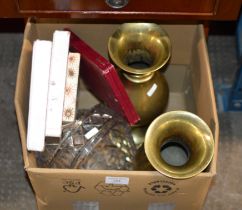 BOX WITH PAIR OF BRASS VASES, LARGE CRYSTAL BASKET, CUTLERY ETC