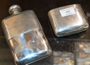 LONDON STERLING SILVER HIPFLASK WITH DETACHABLE DRINKING CUP, INSCRIBED - APPROXIMATE WEIGHT = 362.7