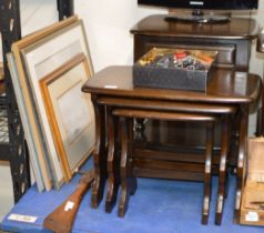 NEST OF 3 DARK OAK TABLES WITH SIMILAR SINGLE DRAWER TABLE & ASSORTED PICTURES