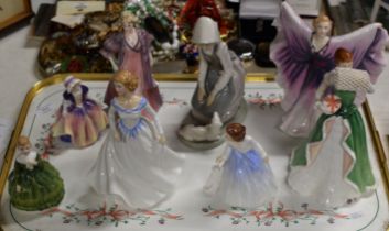 TRAY WITH VARIOUS FIGURINE ORNAMENTS, ROYAL DOULTON, NAO ETC