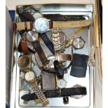 BOX WITH ASSORTED WRIST WATCHES, CIGARETTE LIGHTERS ETC