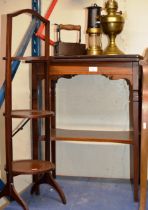 INLAID MAHOGANY FOLD OVER TABLE & MAHOGANY 3 TIER CAKE STAND