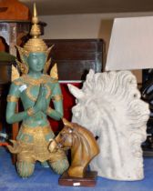 LARGE DECORATIVE DEITY DISPLAY & 2 HORSE BUSTS