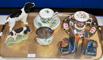 TRAY WITH PAIR OF UNUSUAL BULLDOG BOOKENDS, 2 X ROYAL ALBERT TRIO SETS, DOG ORNAMENTS, BELLEEK SUGAR