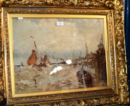 GILT FRAMED OIL PAINTING - ROWING BOATS & SAILBOATS ON A CHOPPY SEA BY THE HARBOUR, BY GEO BUNN