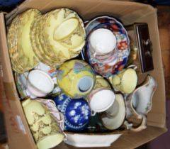 BOX WITH GENERAL CERAMICS, QUANTITY ASSORTED TEA WARE, MANTLE CLOCK, VARIOUS JAPANESE IMARI BOWLS,