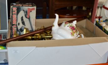 BOX CONTAINING SMALL QUANTITY ROYAL ALBERT TEA WARE, VARIOUS RECORDS, VINTAGE BOXED CORGI JAGUAR