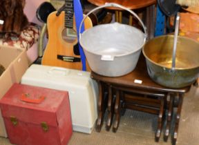 2 JELLY PANS, SEWING MACHINE & RECORD CASE WITH QUANTITY VARIOUS RECORDS
