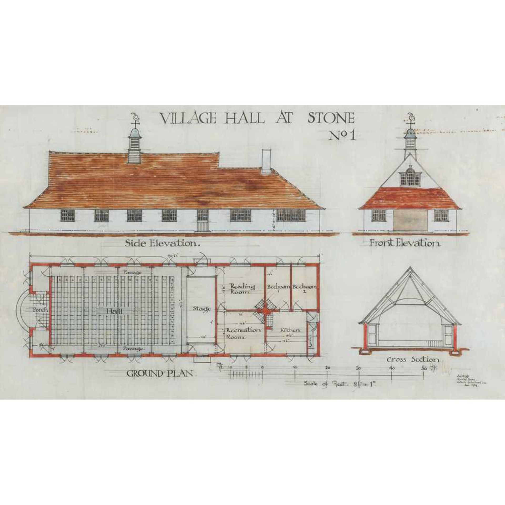 § SIR CLOUGH WILLIAMS-ELLIS (BRITISH 1883-1978) PLAN AND ELEVATION FOR VILLAGE HALL AT STONE NO.1,