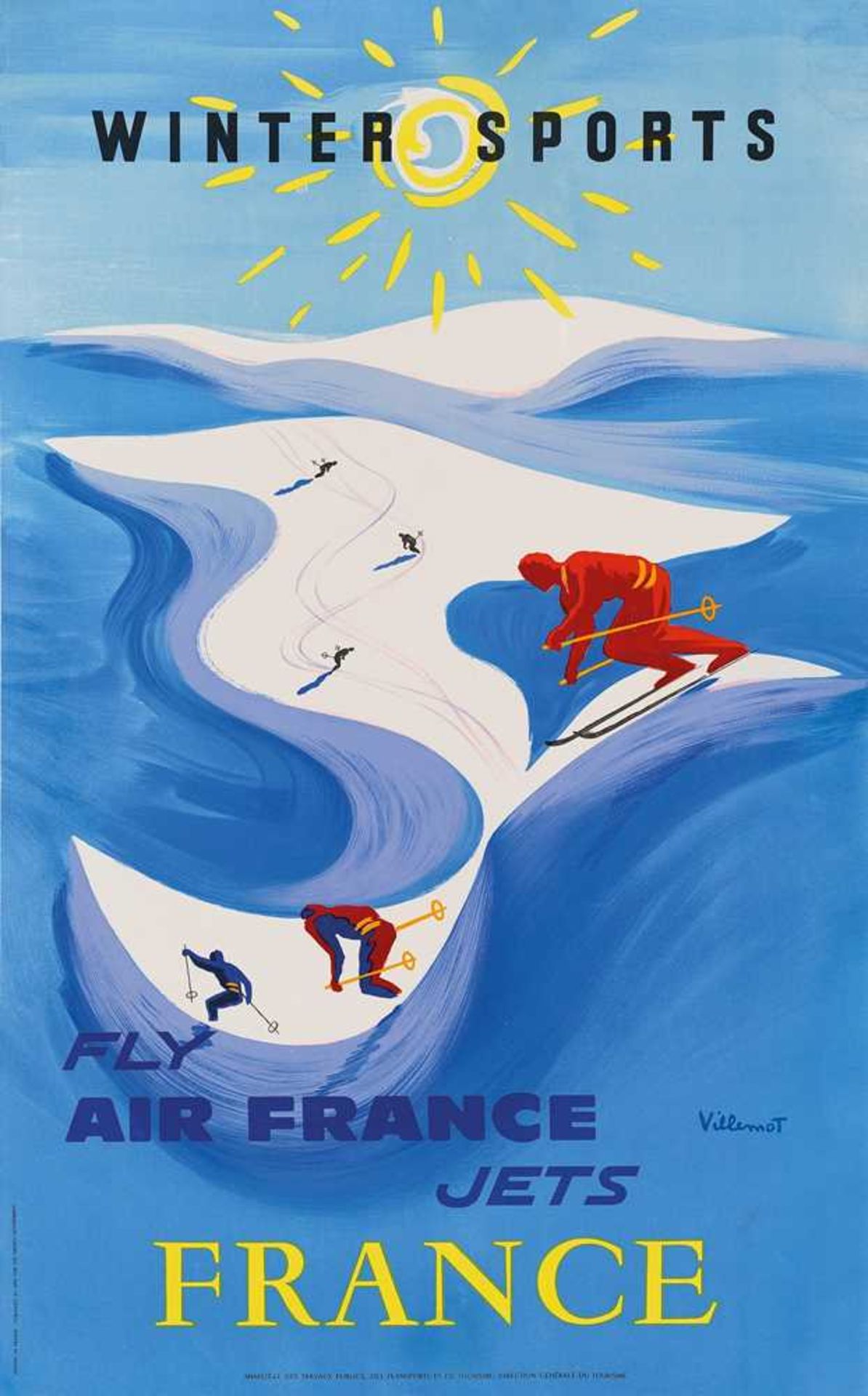 Bernard Villemot (1911-1989) Winter Sports, France, Fly Air France Jets