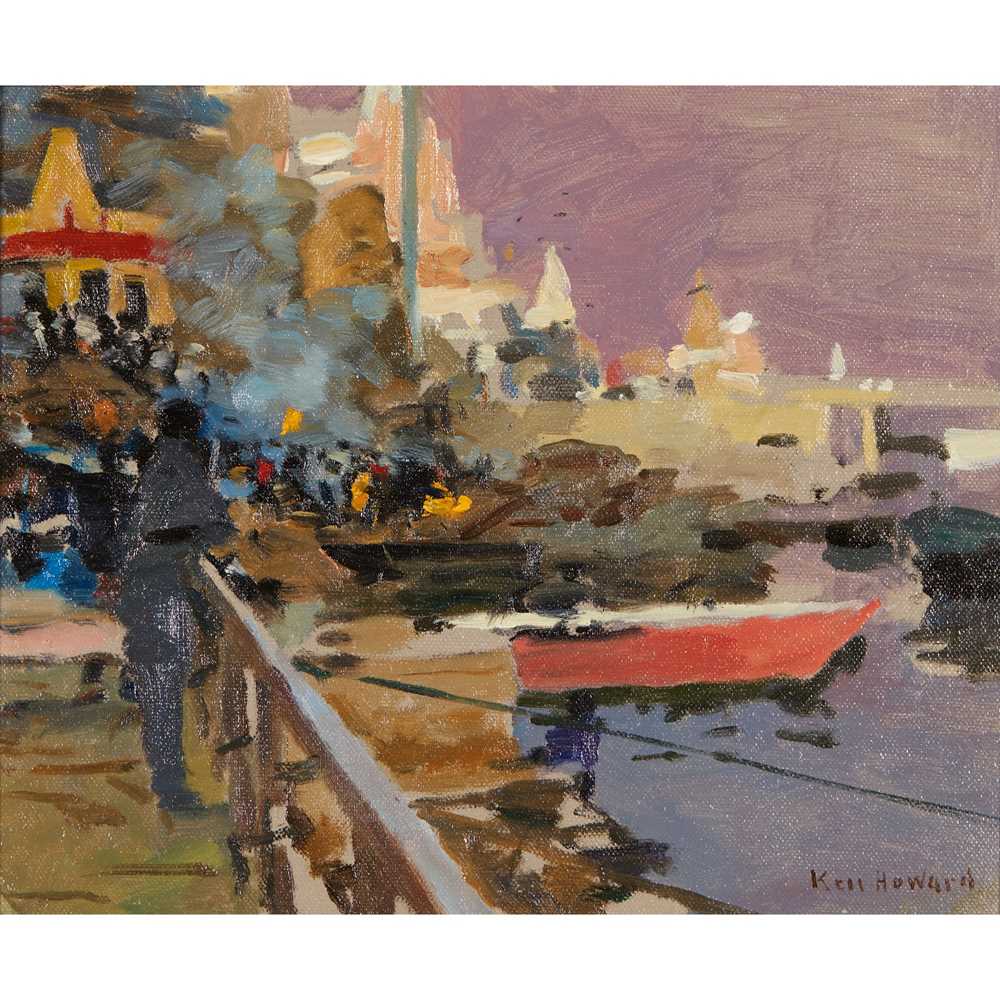 § KEN HOWARD R.A., O.B.E. (BRITISH 1932-2022) MANIKARNIKA GHAT, VARANASI, LATE AFTERNOON