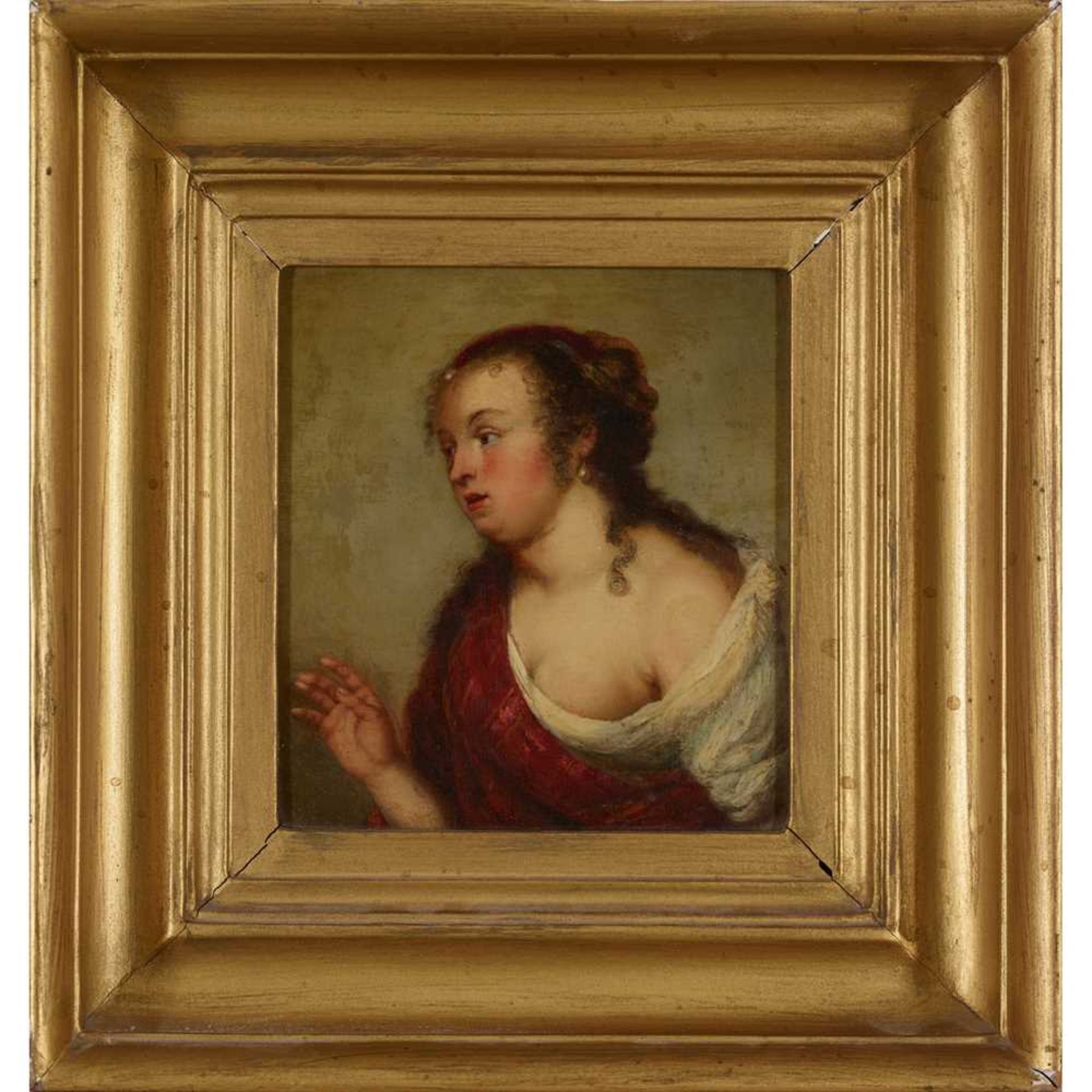18TH CENTURY SCHOOL HALF-LENGTH PORTRAIT OF A WOMAN WITH A PATTERNED ROBE - Image 3 of 6