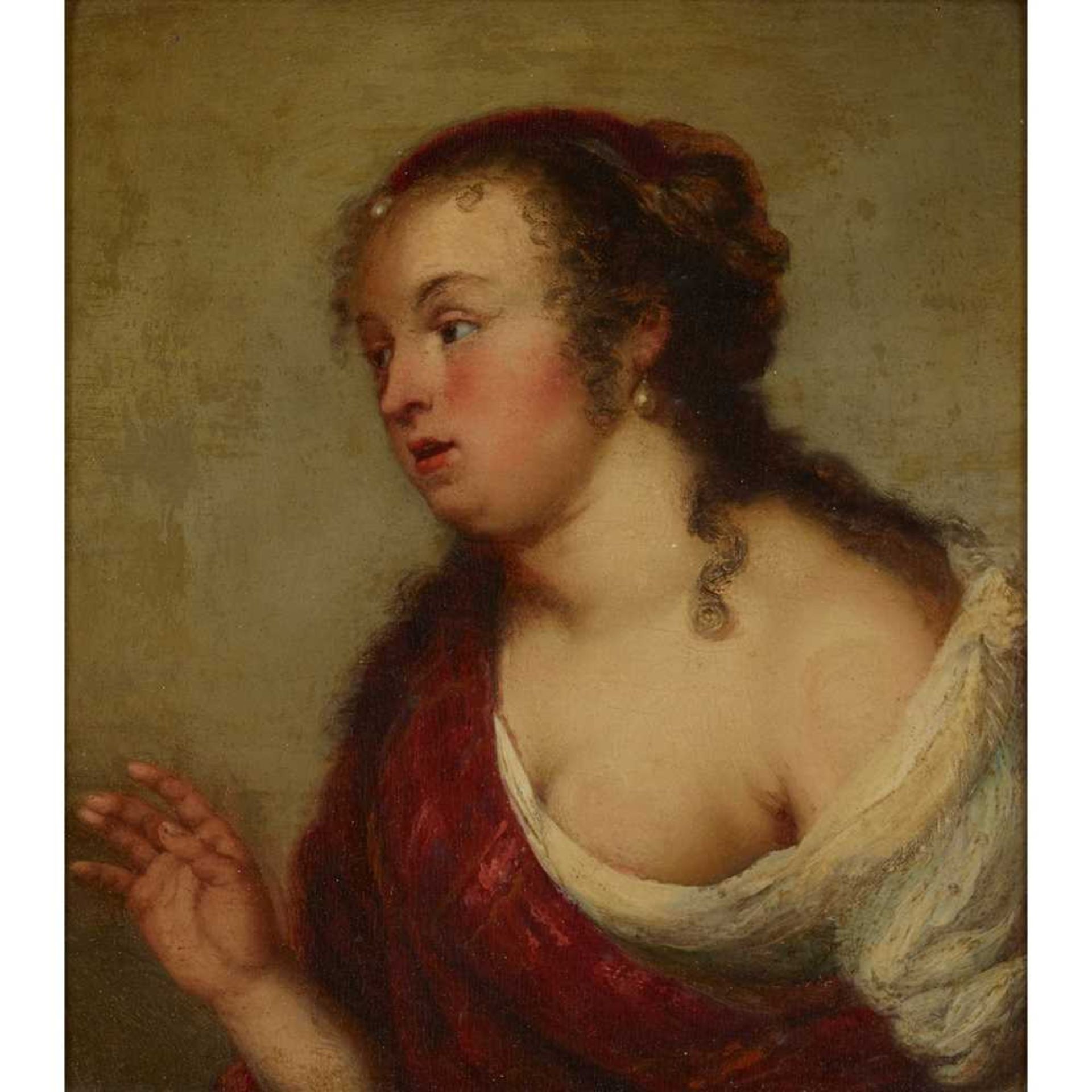 18TH CENTURY SCHOOL HALF-LENGTH PORTRAIT OF A WOMAN WITH A PATTERNED ROBE
