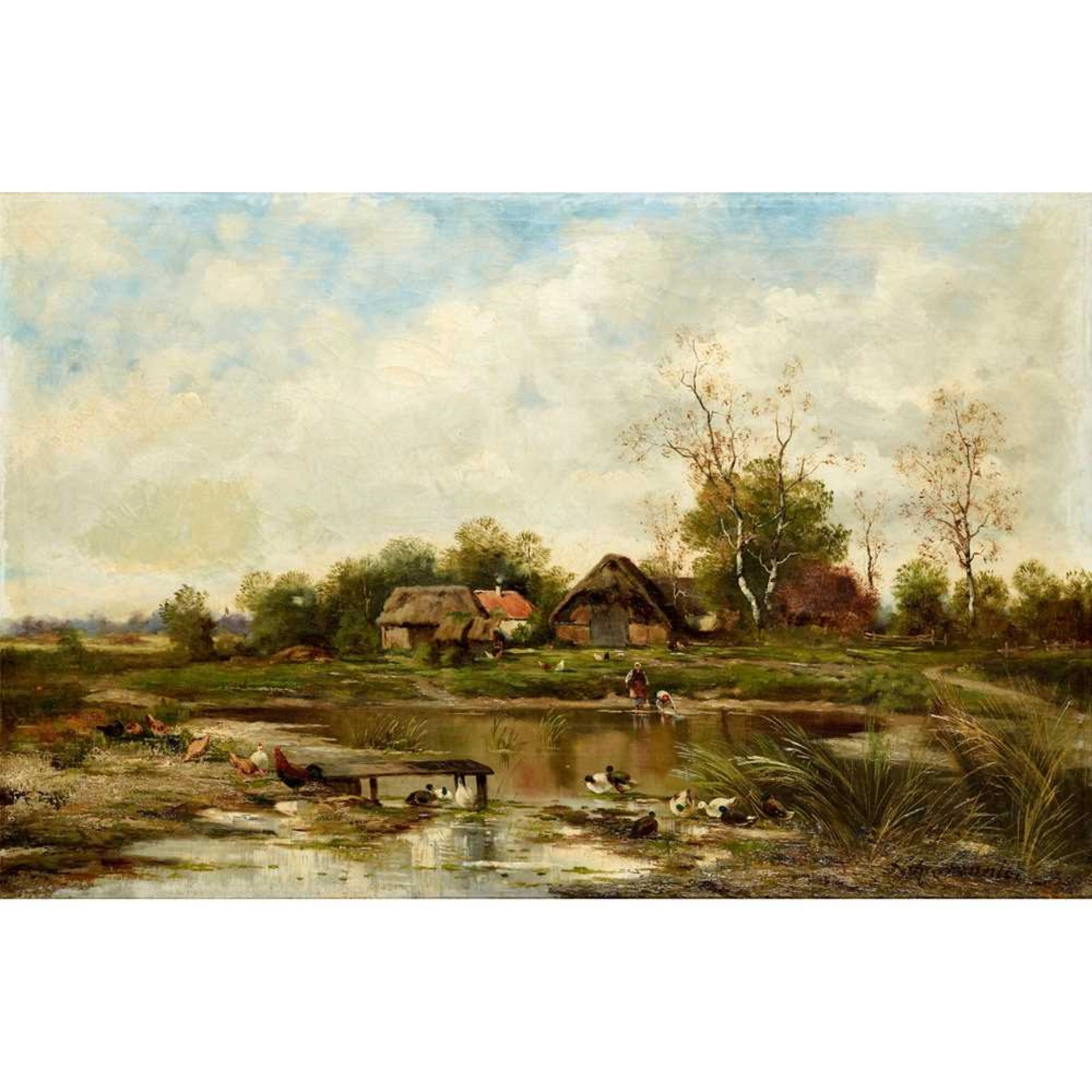 NOEL SAUNIER (FRENCH 1847-1890) A FARMYARD SCENE WITH DUCKS BY A POND