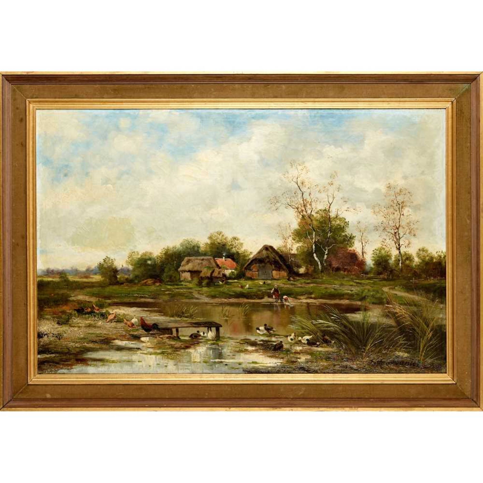 NOEL SAUNIER (FRENCH 1847-1890) A FARMYARD SCENE WITH DUCKS BY A POND - Image 2 of 3