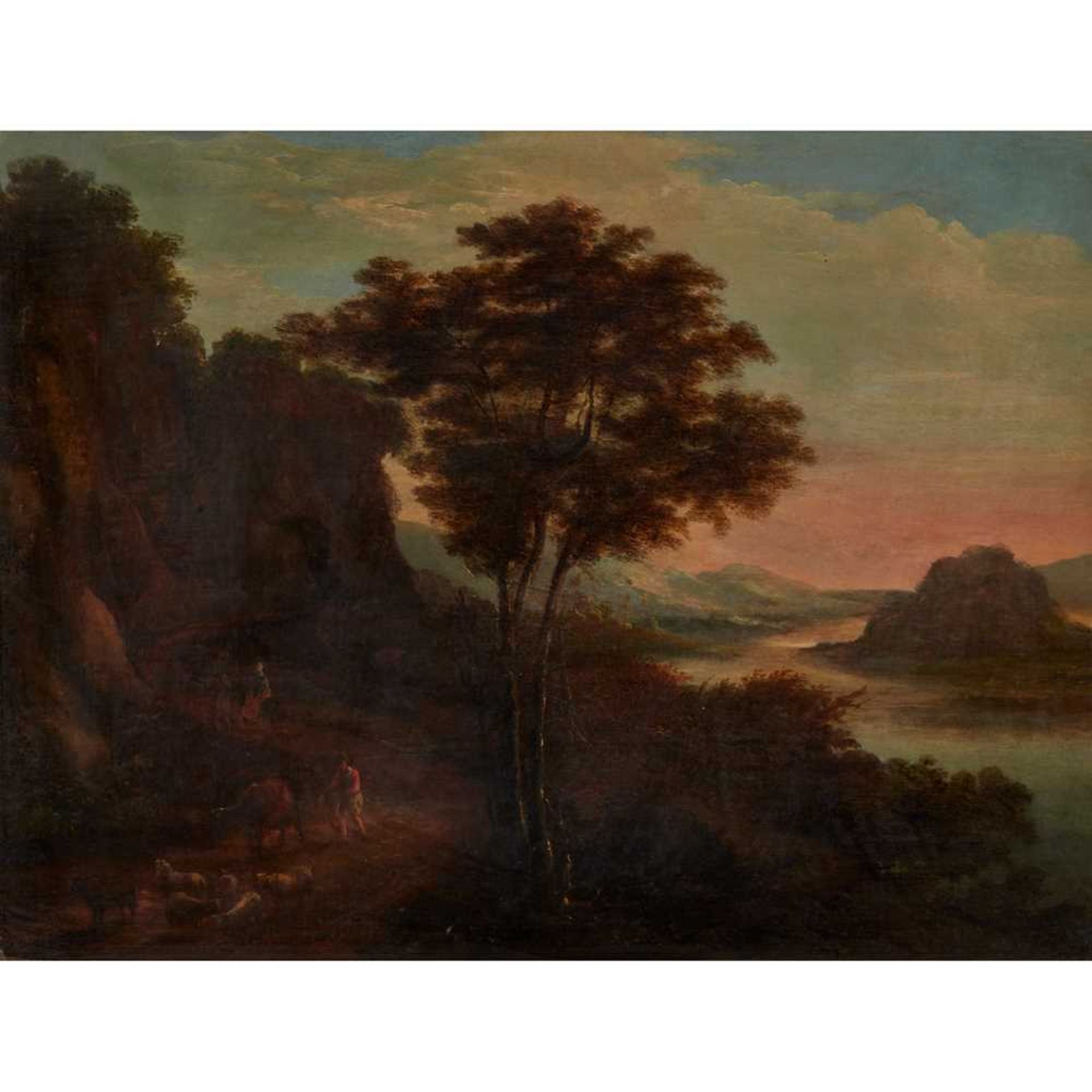 18/19TH CENTURY DUTCH SCHOOL AN ITALIANATE LANDSCAPE WITH FIGURE DRIVING ANIMALS