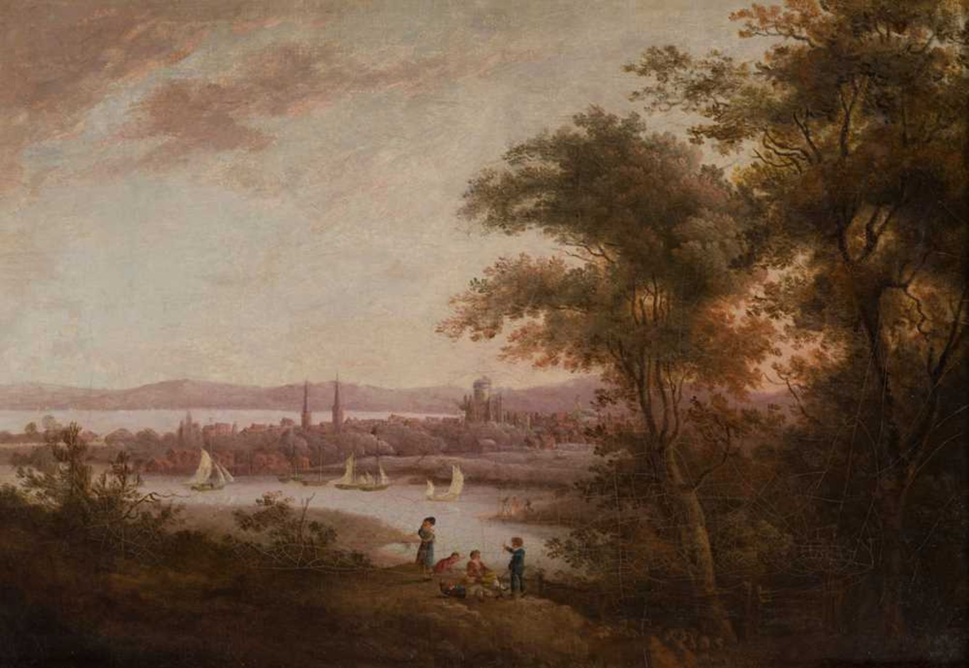 CIRCLE OF ALEXANDER NASMYTH FIGURES PICNICKING, A DISTANT VIEW OF A TOWN BEYOND