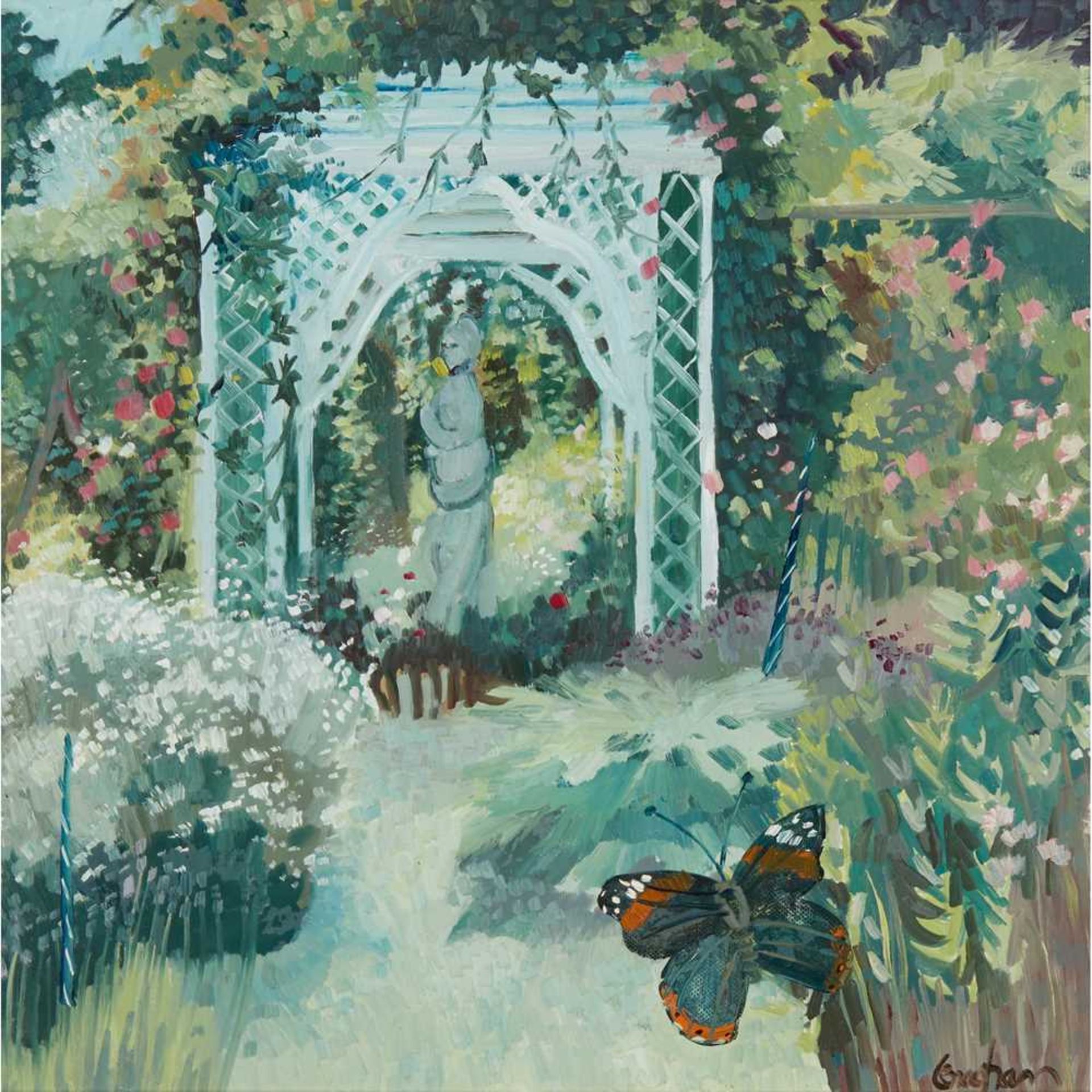 § BRENDA LENAGHAN R.S.W. (SCOTTISH 1941-2020) SECRET GARDEN AND BUTTERFLY, TYNINGHAME