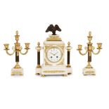FRENCH GILT METAL AND WHITE MARBLE MANTEL CLOCK GARNITURE EARLY 20TH CENTURY