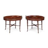 MATCHED PAIR OF GEORGIAN STYLE MAHOGANY AND INLAID OVAL TRAYS-ON-STANDS LATE 19TH CENTURY, THE STAND