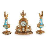 FRENCH PORCELAIN AND GILT BRONZE MANTEL CLOCK GARNITURE, PHILLIPE MOUREY, PARIS 19TH CENTURY