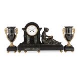 FRENCH GILT AND PATINATED BRONZE, SLATE, AND GREEN MARBLE FIGURAL CLOCK GARNITURE, JAPY FRÈRES LATE