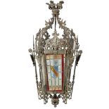 VICTORIAN SILVERED METAL AND LEADED STAINED-GLASS HALL LANTERN 19TH CENTURY