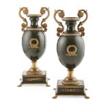 PAIR OF EMPIRE STYLE GILT AND PATINATED BRONZE URNS LATE 19TH CENTURY