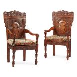 PAIR OF OAK AND MARQUETRY WAINSCOT ARMCHAIRS 19TH CENTURY