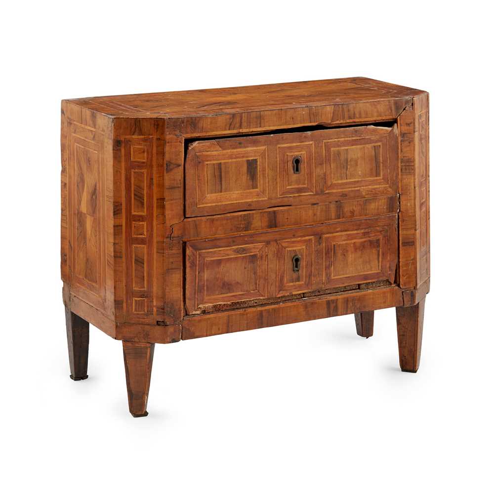 MINIATURE ITALIAN NEOCLASSICAL WALNUT AND FRUITWOOD PARQUETRY COMMODE EARLY 19TH CENTURY