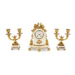 FRENCH GILT BRONZE AND WHITE MARBLE MANTEL CLOCK GARNITURE LATE 19TH/ EARLY 20TH CENTURY